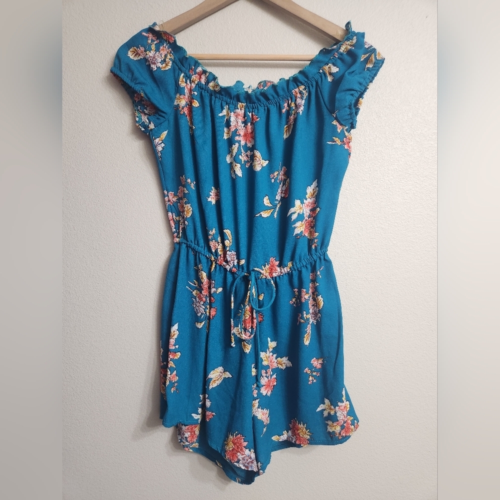 Womens Floral Romper Teal Size Small With Ruffles Jumper